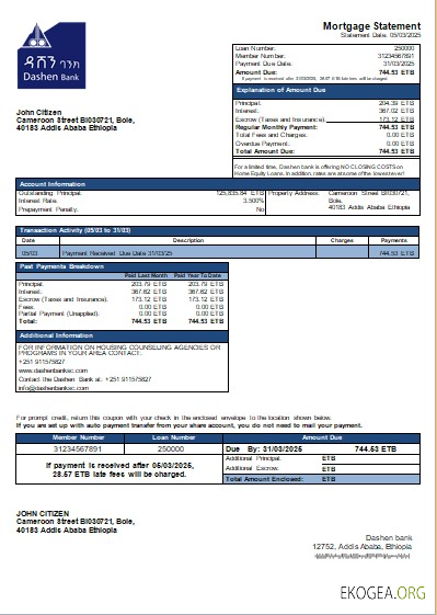 Relevé hypothécaire de la banque Dashen éthiopienne scr